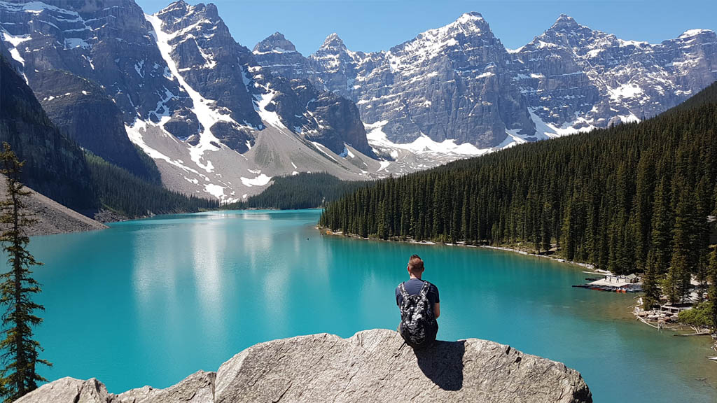 Taking a moment (or twenty) to soak in the awesome view of the Valley of the Ten Peaks and Moraine Lake.