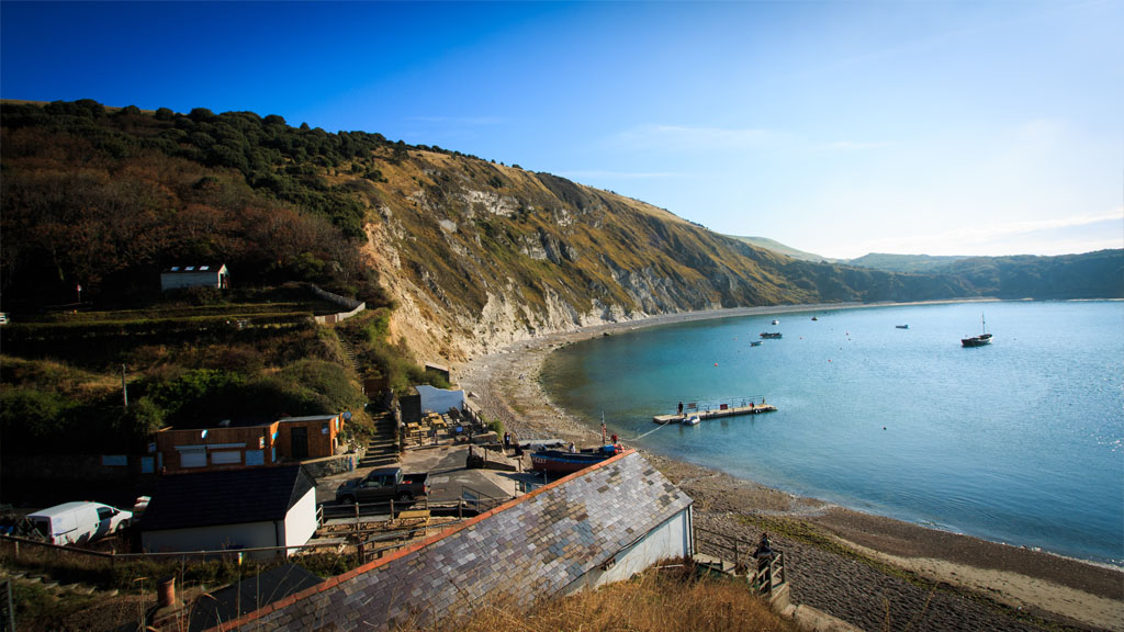 Lulworth Cove seen from on-top of a neighbouring hill