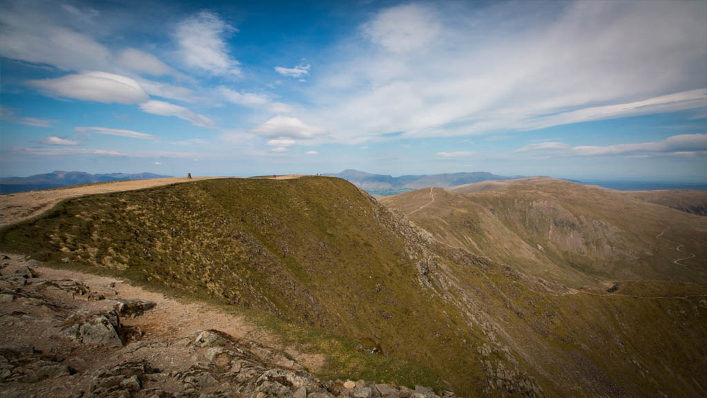The trig point visible from my seat above Striding Edge, with various possible bonus trails to follow.